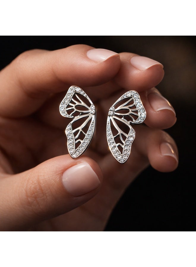 3Diamonds Silver Butterfly Wing Stud Earrings with Zircon – Platinum Rhodium Plated - Image 3